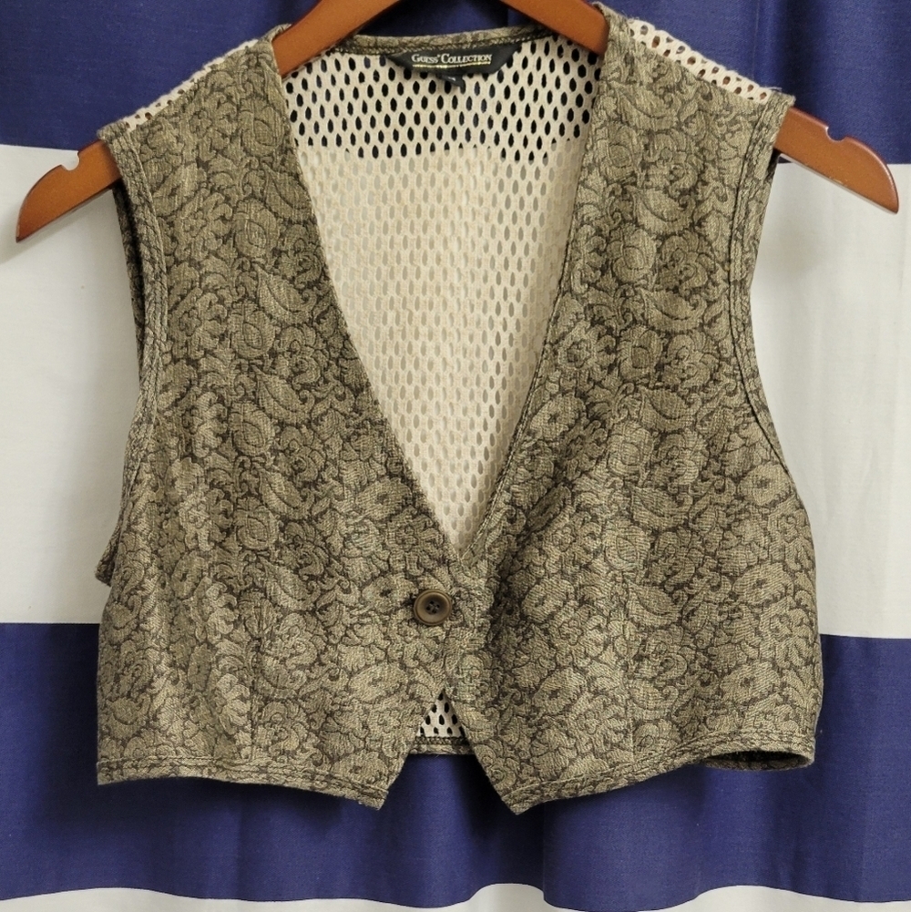 Guess Vintage Brown 1990s Cropped Button Vest | Size Medium